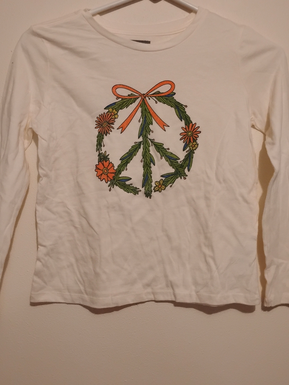 Old Navy White Long-Sleeve Tee with Green and Orange Floral Peace Graphic